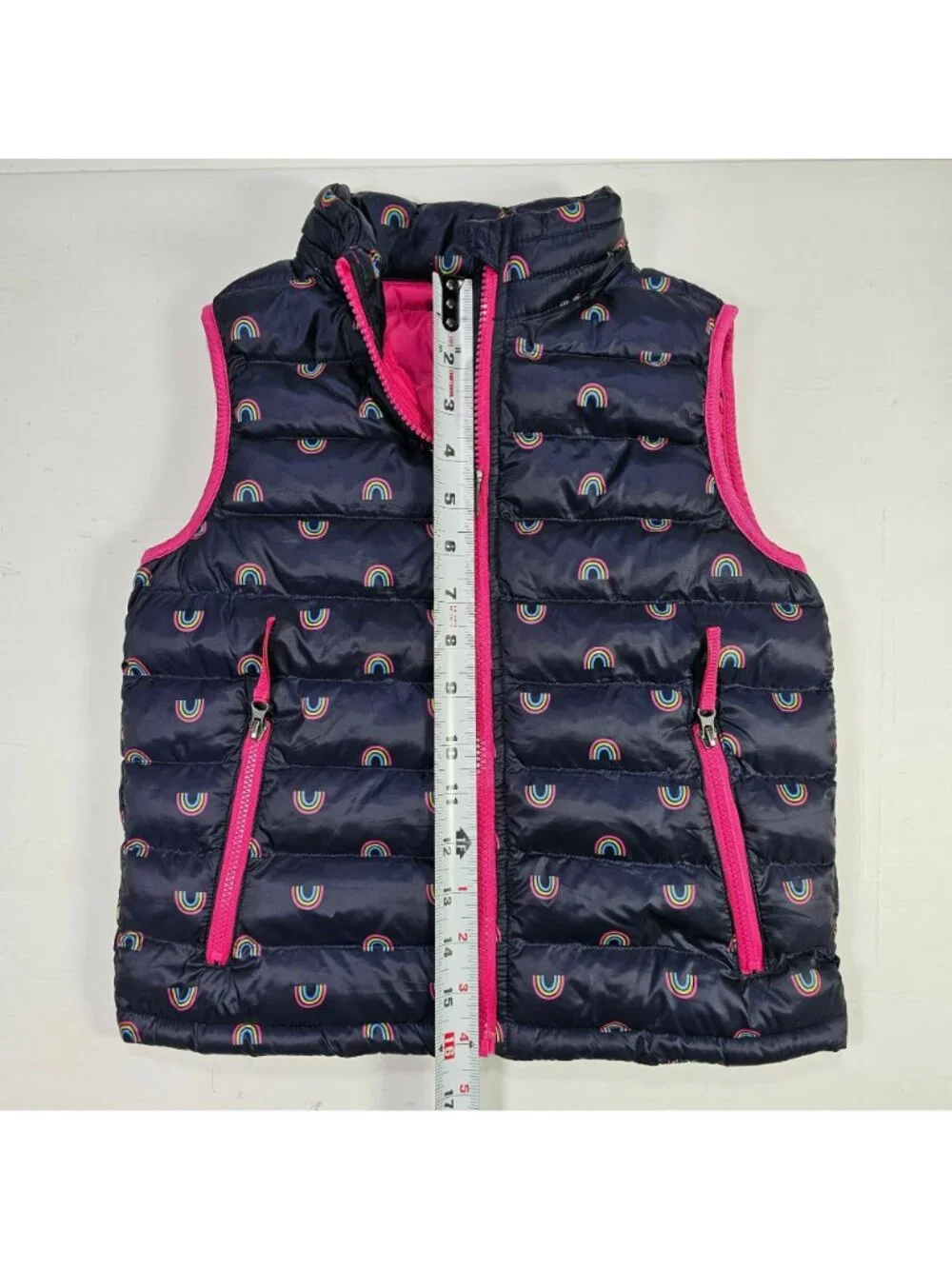 32 Degrees Heat Sleeveless Puffer Vest Girls Size XS Blue w/ Rainbow Print